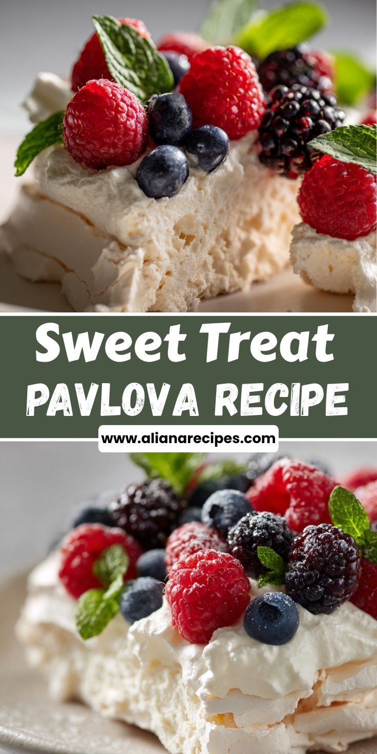 Pavlova slice showing crispy white meringue layers with whipped cream and fresh mixed berries strawberries blueberries blackberries mint garnish