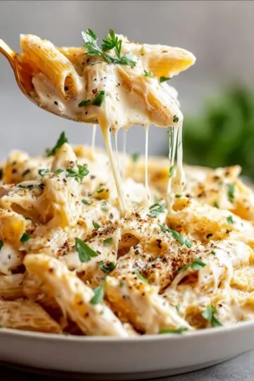 Creamy penne pasta dish being scooped with a fork, with cheese strings stretching. The pasta is topped with fresh herbs and black pepper.