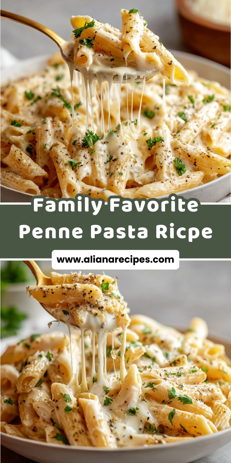 Penne pasta dish being scooped with a fork, with cheese strings stretching. The pasta is topped with fresh herbs and black pepper.