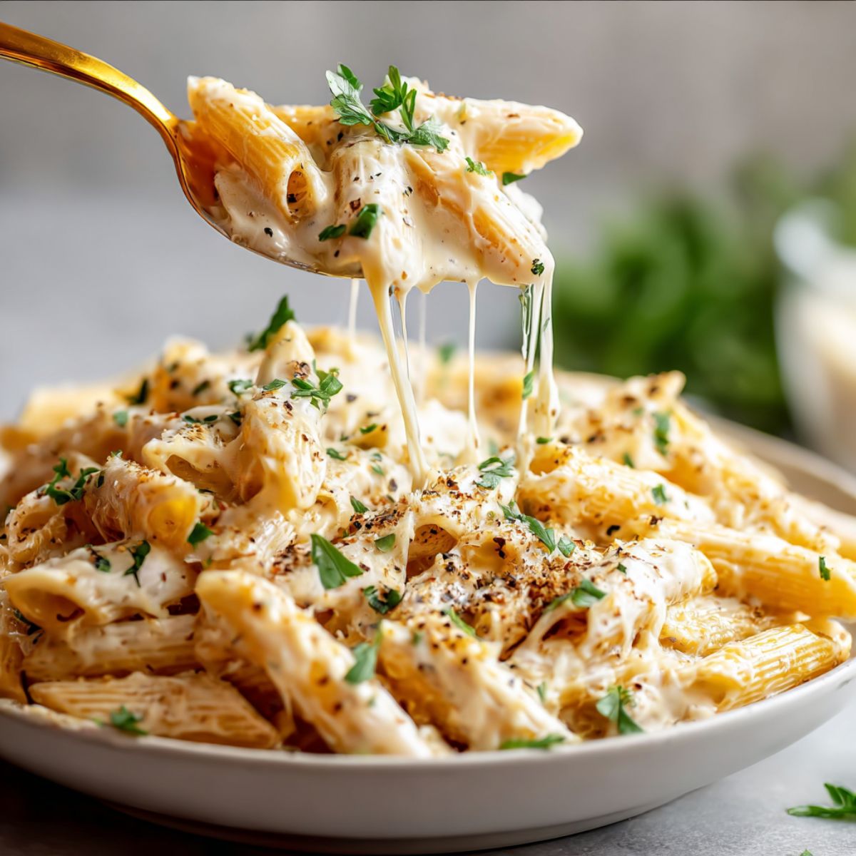 Creamy penne pasta dish being scooped with a fork, with cheese strings stretching. The pasta is topped with fresh herbs and black pepper.
