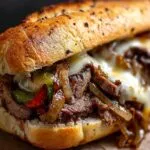 Philly cheese steak sandwich recipe showing perfectly melted cheese over tender ribeye steak with caramelized onions and peppers on a toasted hoagie roll