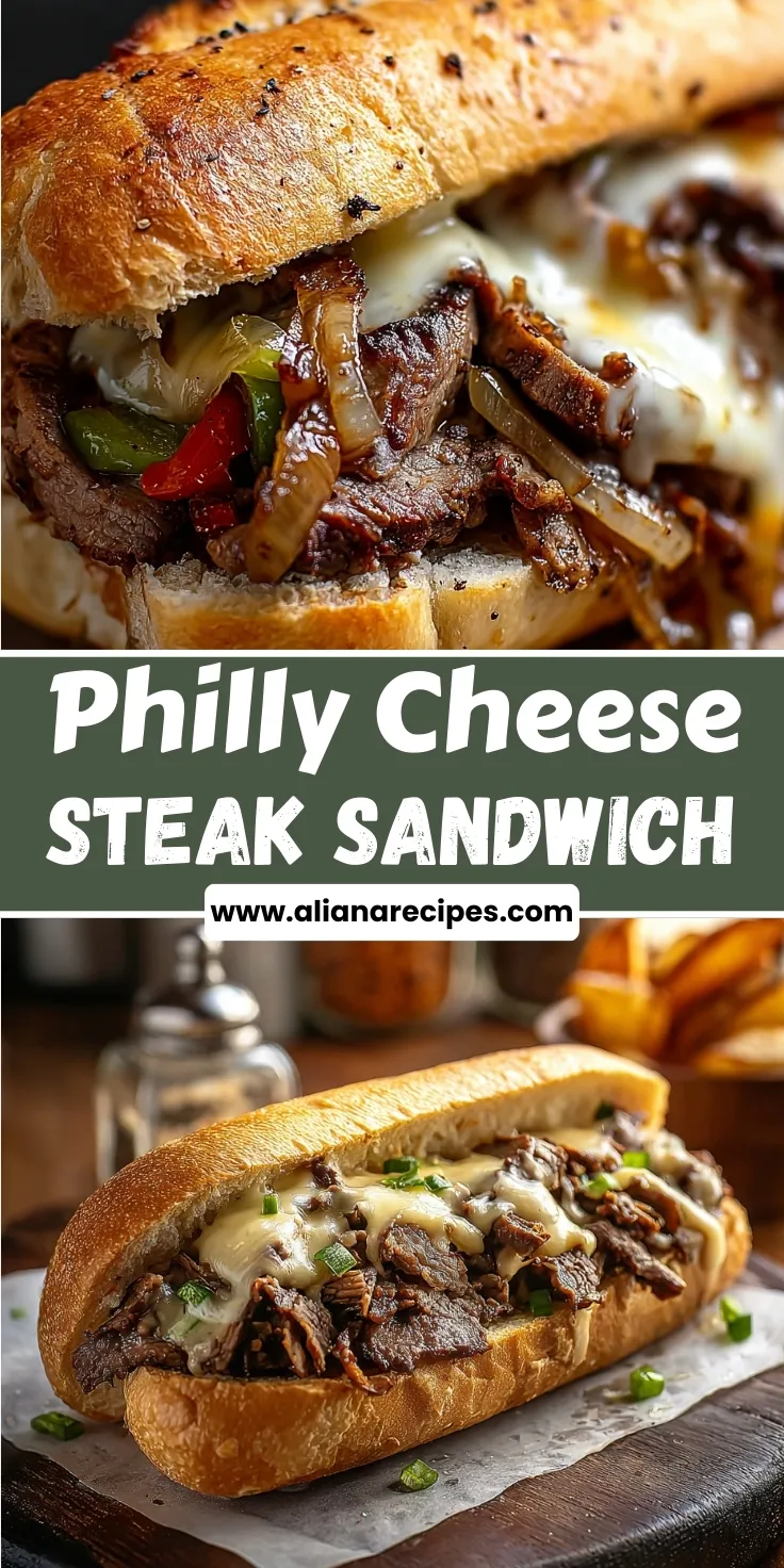 Philly cheese steak sandwich recipe featuring perfectly melted provolone cheese over tender seared ribeye steak with caramelized onions and bell peppers on toasted hoagie rolls displayed on rustic wooden surface