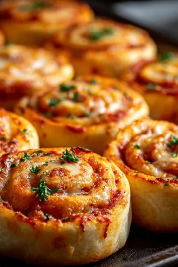 Pizza pinwheels arranged on a baking sheet showing golden melted cheese and pepperoni filling in tortilla roll-ups