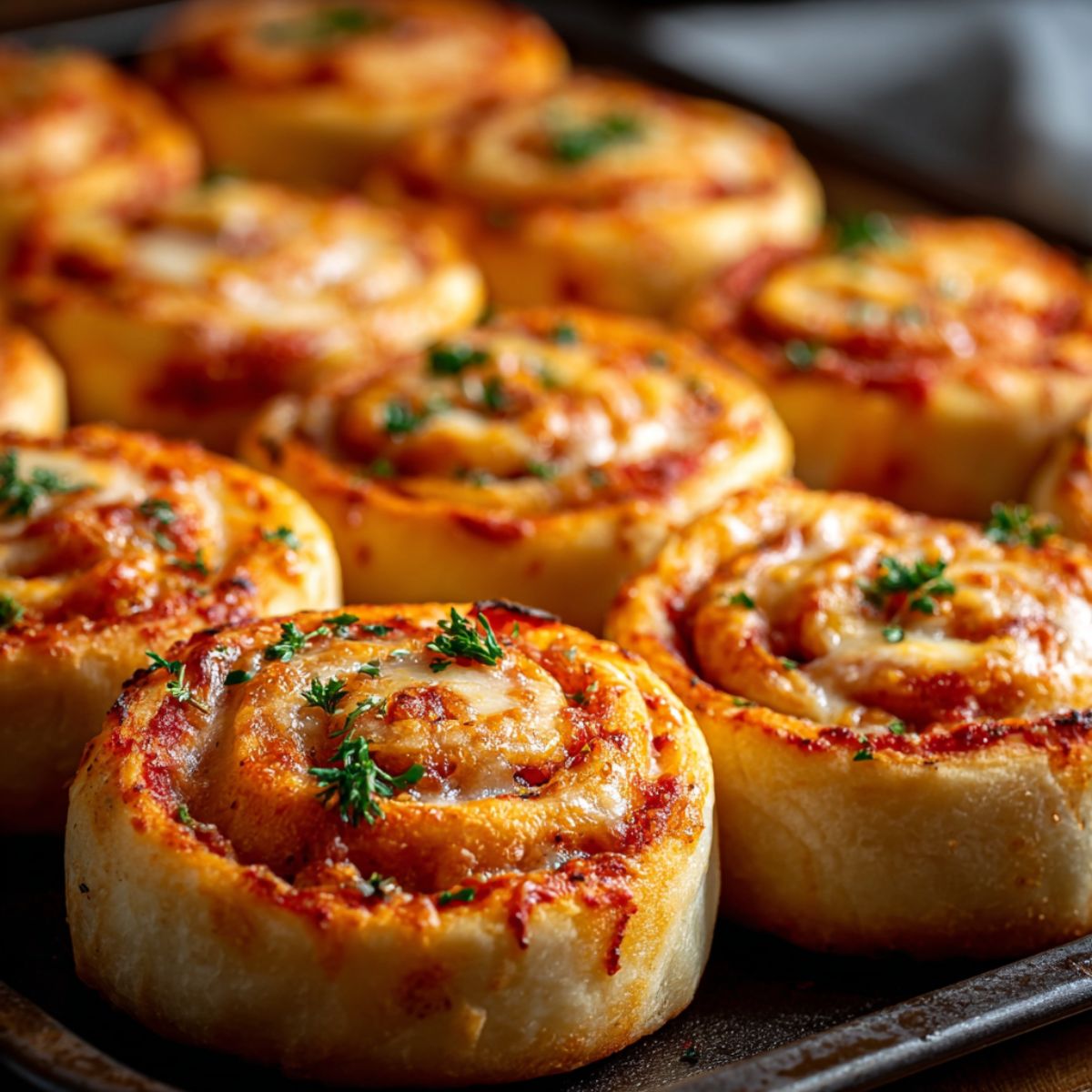 Pizza pinwheels arranged on a baking sheet showing golden melted cheese and pepperoni filling in tortilla roll-ups