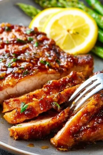 Pork chop recipe golden brown seared pork chops with caramelized glaze, fresh herbs, lemon slice, and green beans on dark plate