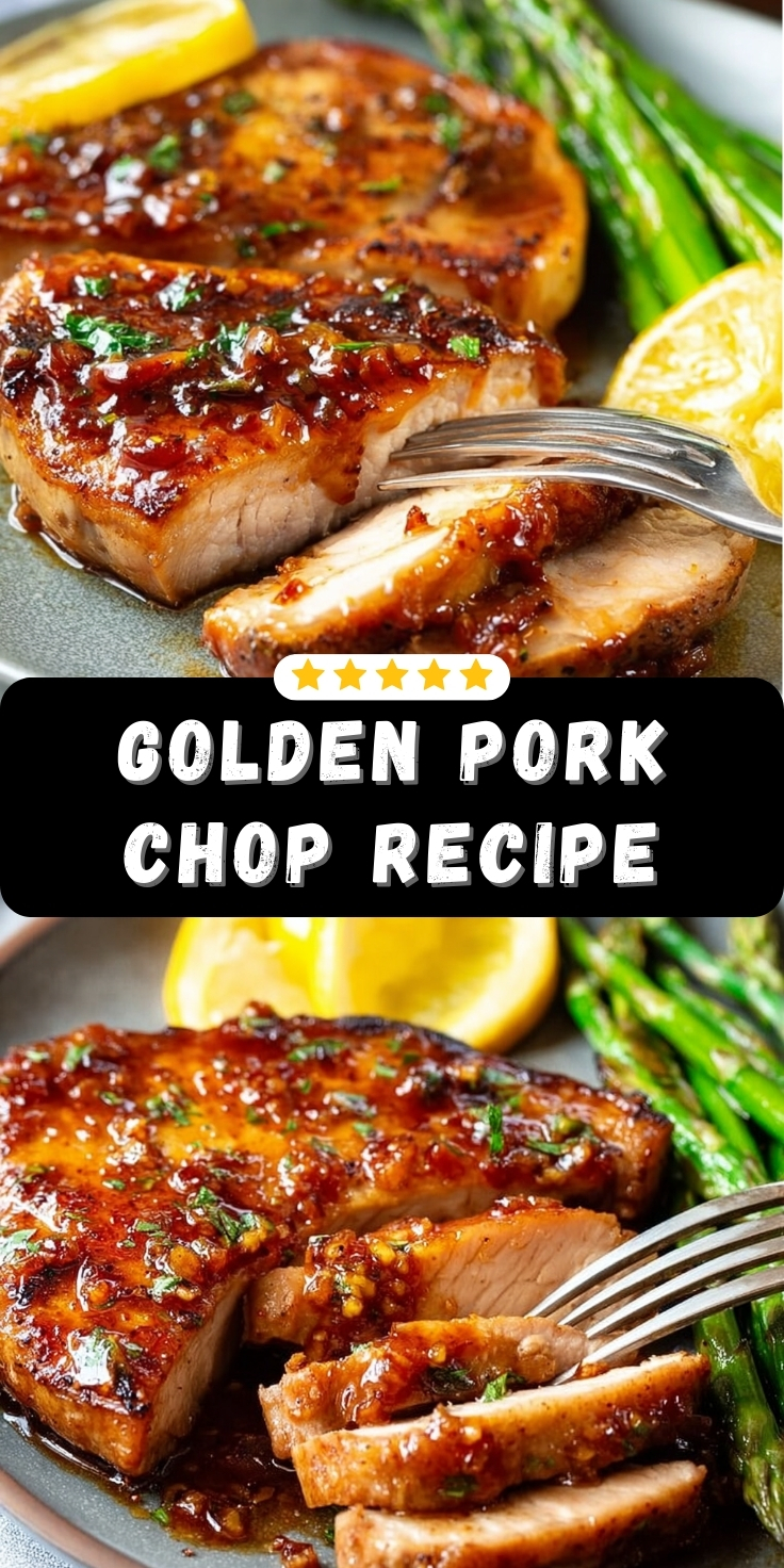 Pork chop recipe golden brown glazed pork chops with caramelized surface, fresh herbs, lemon slices, and asparagus on plate with fork