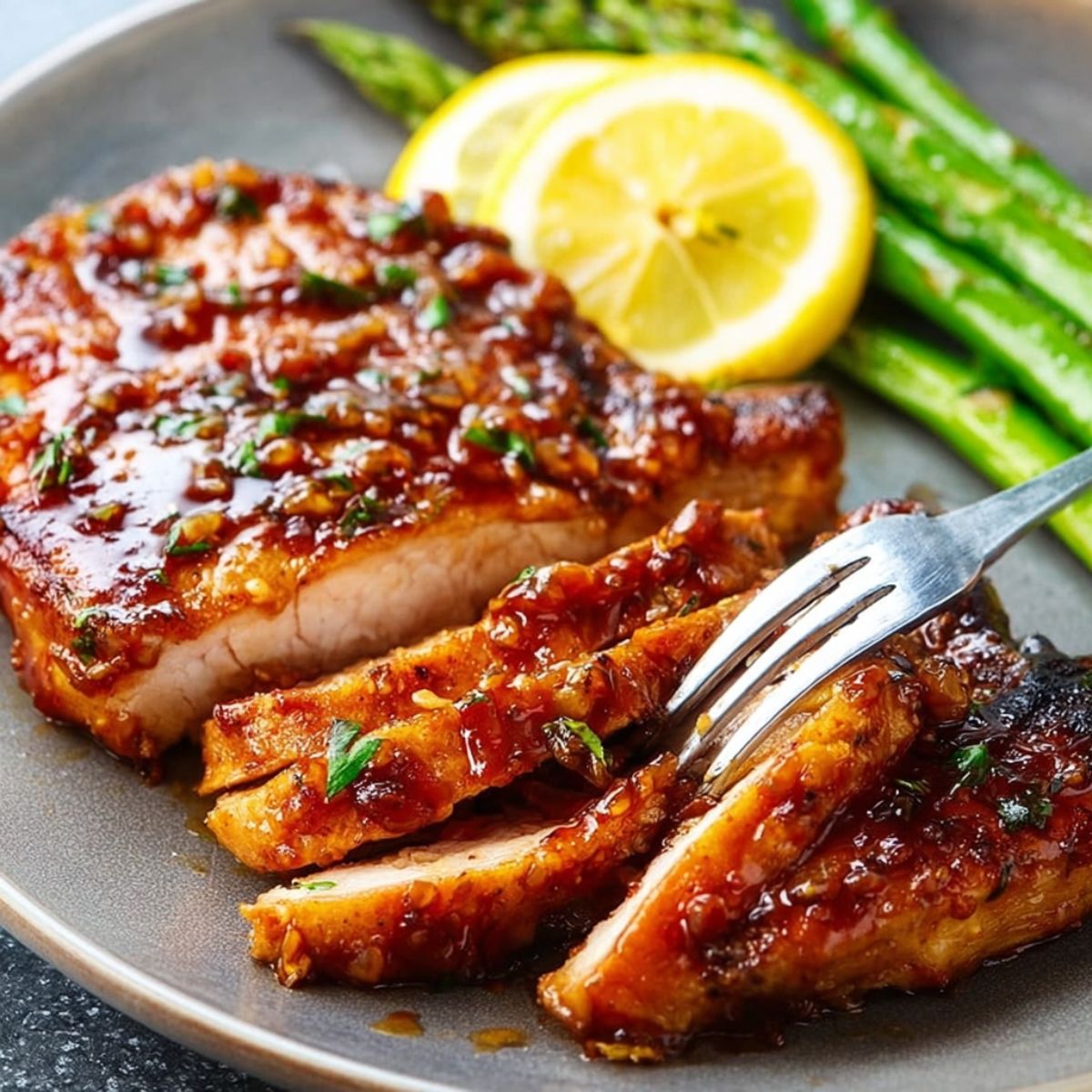 Pork chop recipe golden brown seared pork chops with caramelized glaze, fresh herbs, lemon slice, and green beans on dark plate