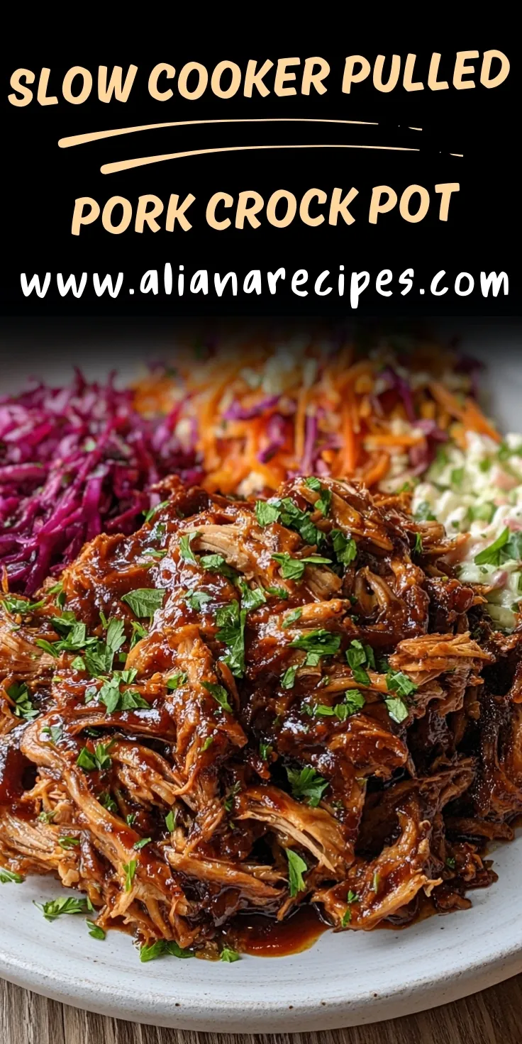 Slow Cooker Pulled Pork Crock Pot – A plate of juicy, shredded BBQ pork garnished with fresh herbs, served with colorful slaw sides. This cozy comfort meal is perfect for fall dinners, family gatherings, or weekend meal prep.