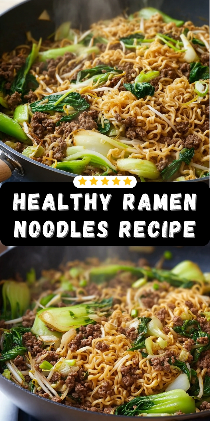 Healthy Ramen Noodles recipe with ground meat, bok choy, and bean sprouts in a skillet