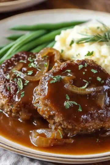 Salisbury steak recipe. A top-down shot of a plate with two Salisbury steak patties covered in mushroom gravy and onions, served with mashed potatoes and green beans. The image is split, with the top half showing a close-up and the bottom half showing the full plate with text overlay that reads "BEST EVER SALISBURY STEAK RECIPE" and a website URL.