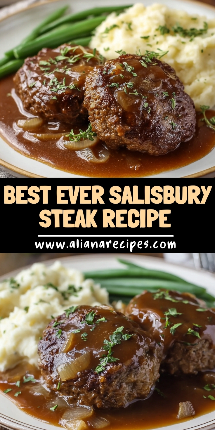 A close-up shot of a plate with two oval-shaped Salisbury steak patties, generously covered in a dark, rich mushroom gravy. The plate also holds a scoop of creamy mashed potatoes and a side of green beans. The background is a rustic wooden surface.
