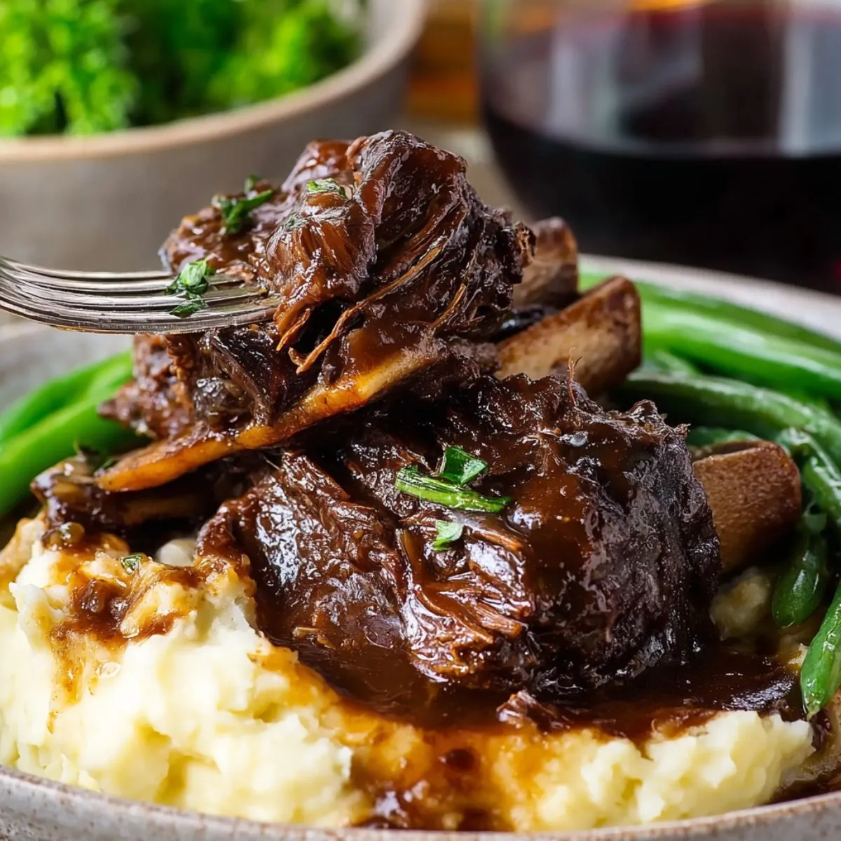 Short ribs recipe braised beef with dark rich sauce over creamy mashed potatoes and fresh green vegetables