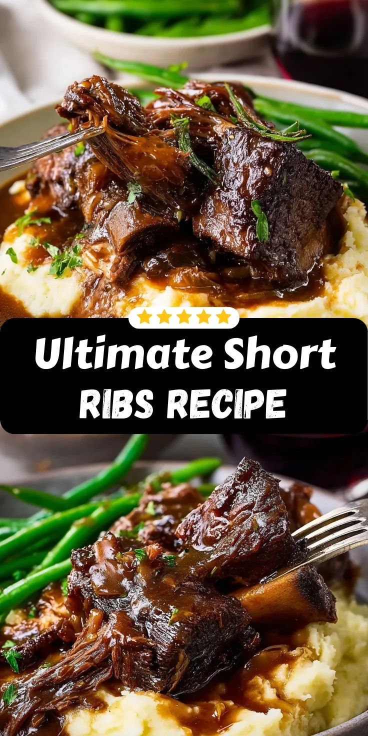 Short ribs recipe braised beef with glossy brown sauce falling off the bone served over mashed potatoes with green beans and fresh herbs