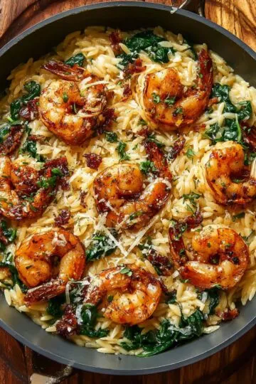 Shrimp orzo creamy one-pan dish with golden seared shrimp over orzo pasta with spinach and sun-dried tomatoes in dark skillet