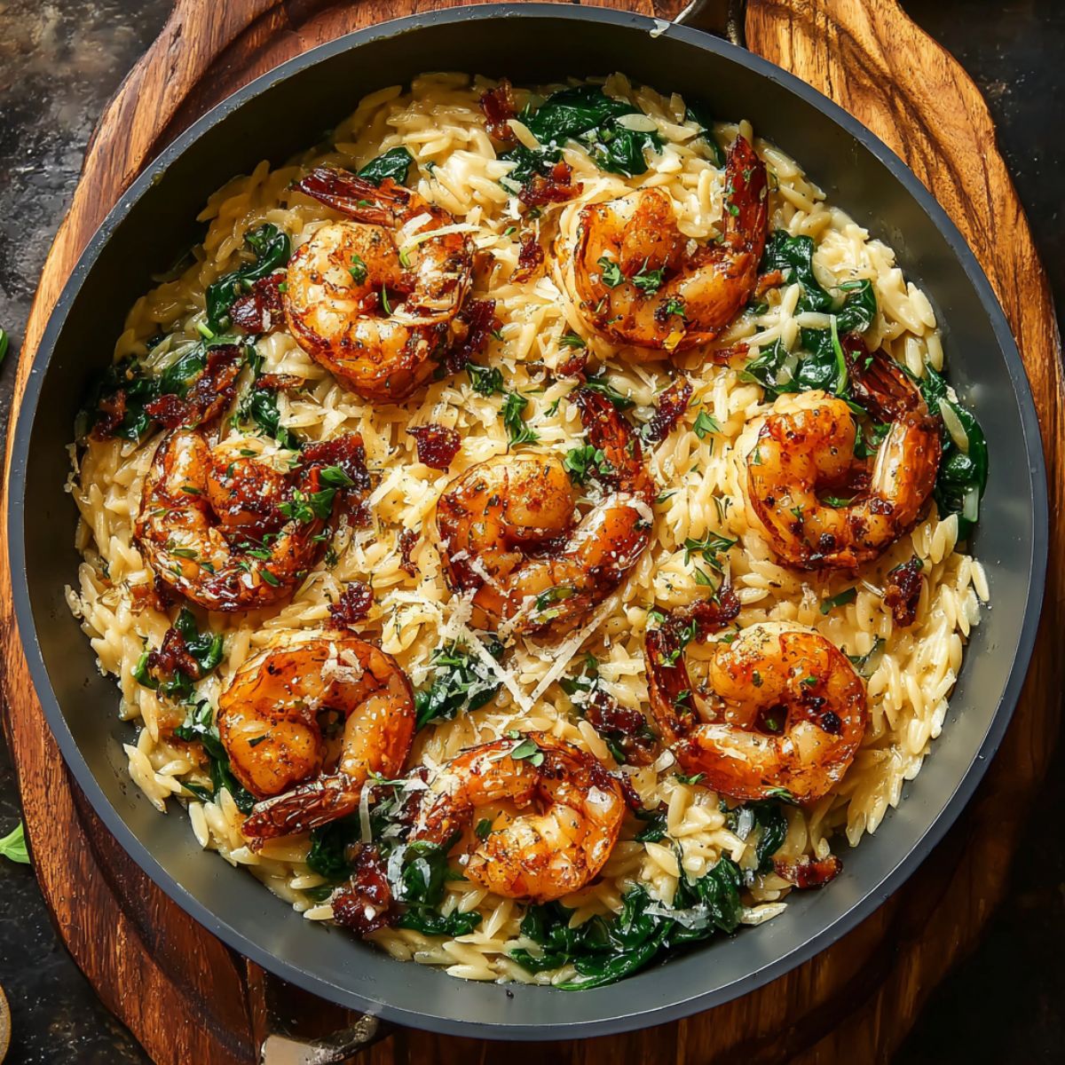 Shrimp orzo creamy one-pan dish with golden seared shrimp over orzo pasta with spinach and sun-dried tomatoes in dark skillet