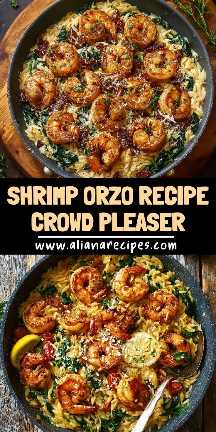 Shrimp orzo creamy one-pan skillet with golden seared shrimp over orzo pasta with spinach sun-dried tomatoes and Parmesan cheese