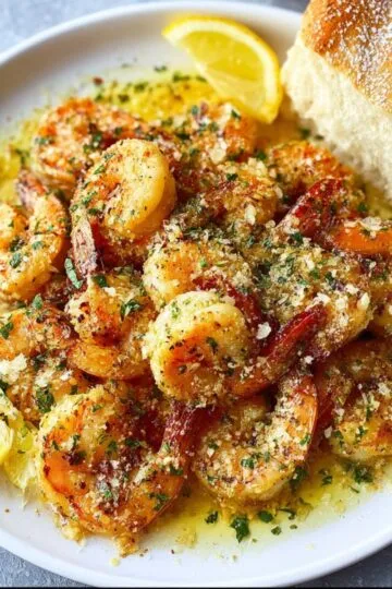 Shrimp scampi recipe golden shrimp in garlic butter sauce with parsley, parmesan cheese, lemon slices, and crusty bread on white plate
