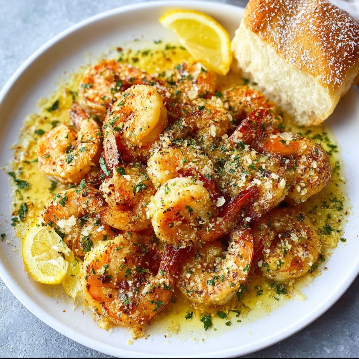 Shrimp scampi recipe golden shrimp in garlic butter sauce with parsley, parmesan cheese, lemon slices, and crusty bread on white plate