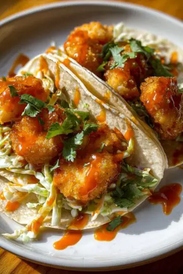 Shrimp Tacos: A close-up shot of two crispy shrimp tacos on a plate, filled with a creamy cabbage slaw and topped with cilantro and a drizzle of spicy-sweet sauce.