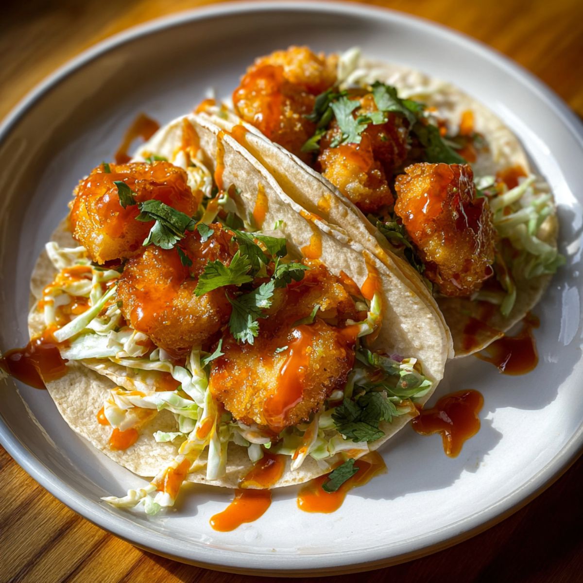 Shrimp Tacos: A close-up shot of two crispy shrimp tacos on a plate, filled with a creamy cabbage slaw and topped with cilantro and a drizzle of spicy-sweet sauce.
