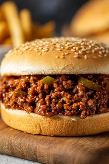Sloppy joe recipe ground beef mixture cooking in large skillet with onions and peppers during preparation