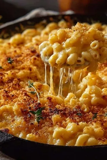 smoked mac and cheese recipe, a close-up shot of a cast iron pan filled with creamy smoked mac and cheese with a golden-brown crispy topping. A fork is lifting a spoonful, showing the gooey, melted cheese pulls. Sprigs of fresh thyme are scattered over the top.