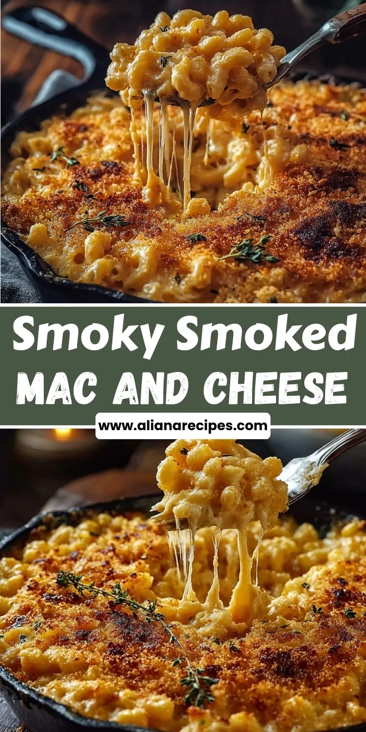 smoked mac and cheese recipe, a close-up shot of a cast iron pan filled with creamy smoked mac and cheese with a golden-brown crispy topping. A fork is lifting a spoonful, showing the gooey, melted cheese pulls. Sprigs of fresh thyme are scattered over the top.