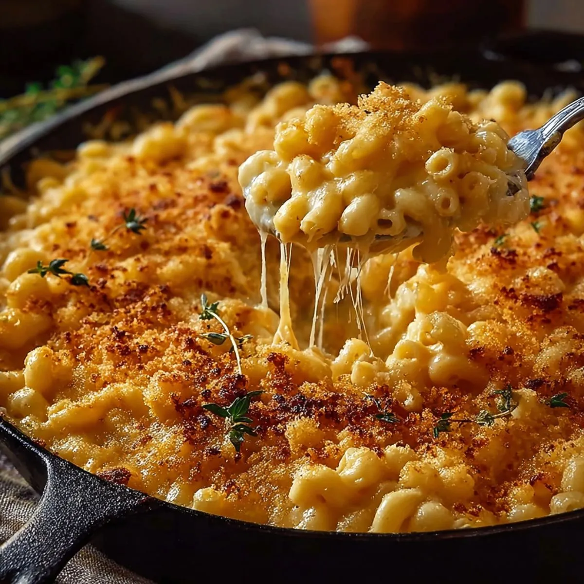 smoked mac and cheese recipe, a close-up shot of a cast iron pan filled with creamy smoked mac and cheese with a golden-brown crispy topping. A fork is lifting a spoonful, showing the gooey, melted cheese pulls. Sprigs of fresh thyme are scattered over the top.