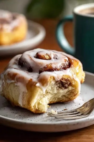 Sourdough cinnamon roll with white glaze on speckled plate with fork next to coffee mug showing fluffy texture and cinnamon swirl interior