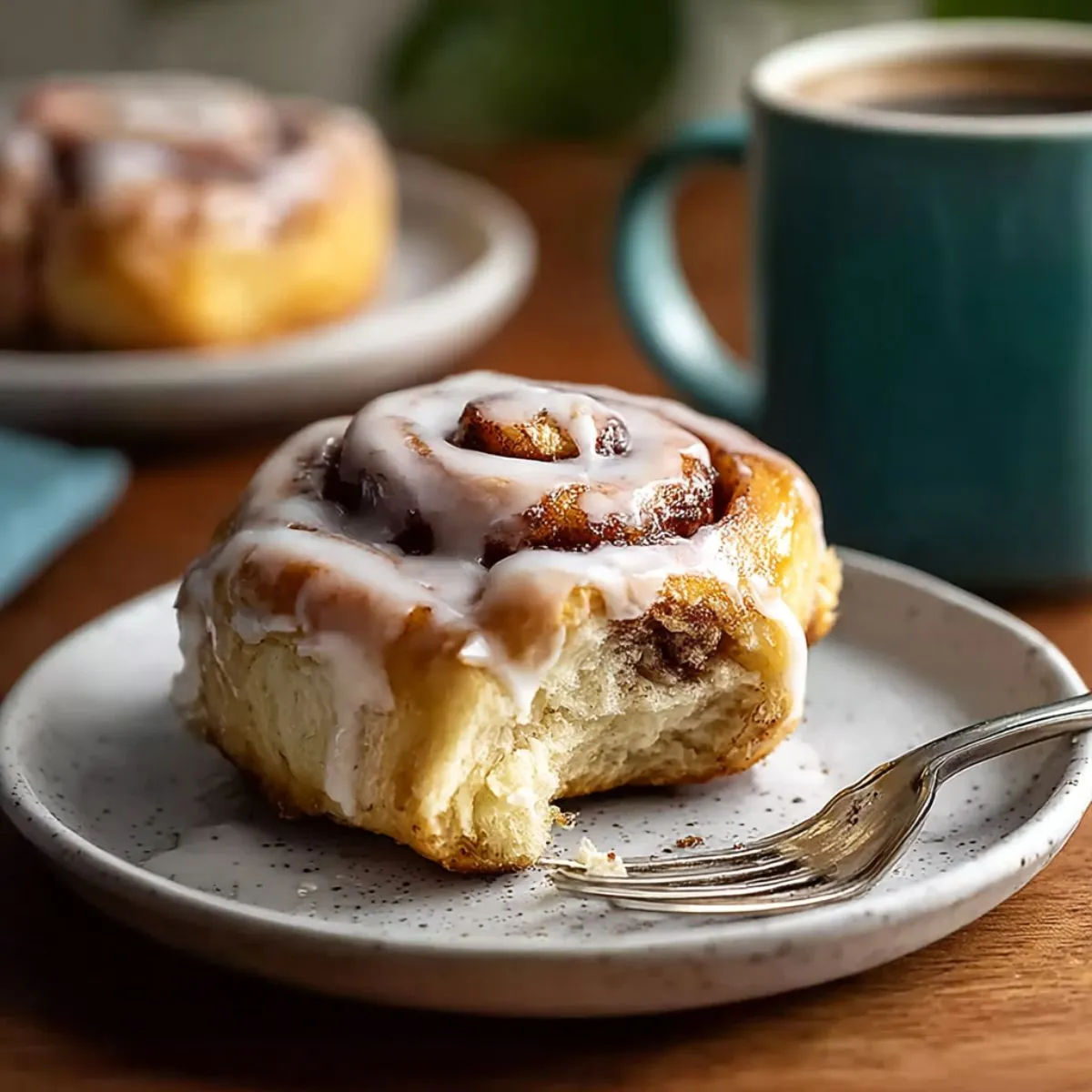 Sourdough cinnamon roll with white glaze on speckled plate with fork next to coffee mug showing fluffy texture and cinnamon swirl interior