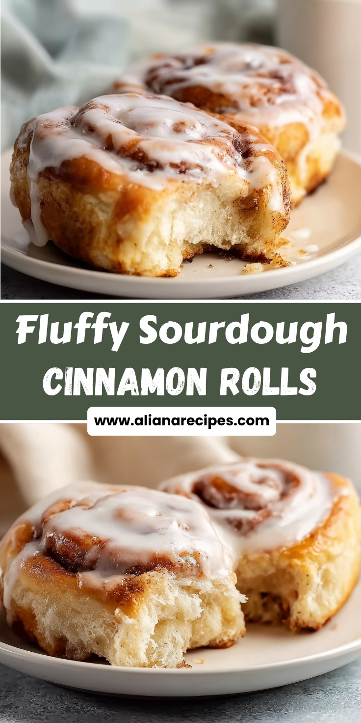 Sourdough cinnamon rolls with fluffy texture and white glaze drizzled on top showing soft interior and golden brown exterior on white plate