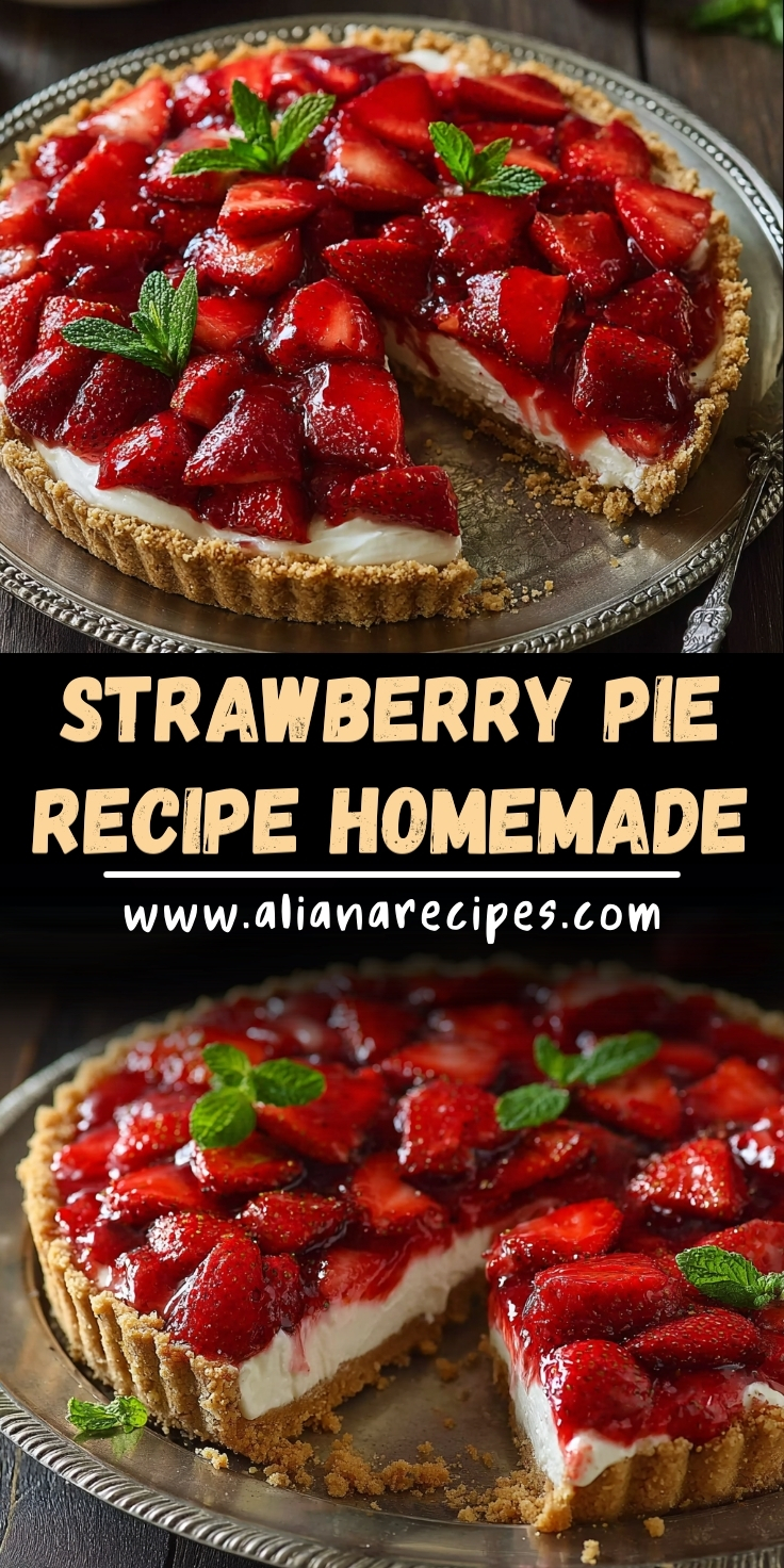 Strawberry pie recipe homemade showing glazed fresh strawberries over creamy filling in graham cracker crust with mint garnish on decorative silver plate