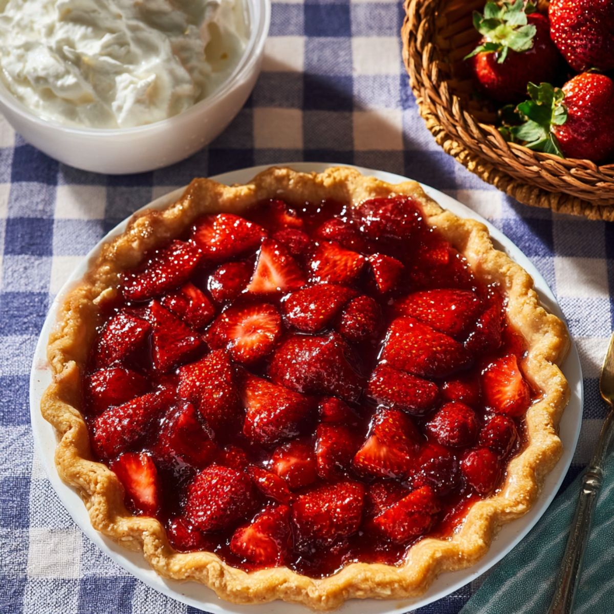 Strawberry pie recipe showing fresh glazed strawberries in golden flaky crust with whipped cream and fresh berries on checkered tablecloth
