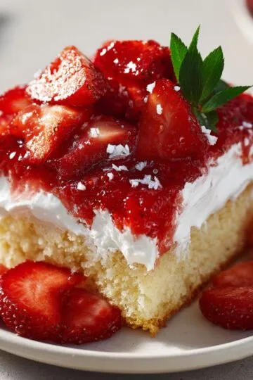 Strawberry poke cake slice with white cake base, red strawberry jello layers, whipped cream topping, and fresh strawberries on white plate
