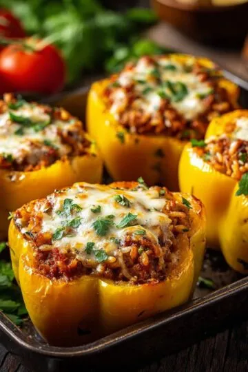 Stuffed bell peppers golden yellow peppers filled with ground beef, rice, and cheese mixture, baked until tender with melted cheese on top