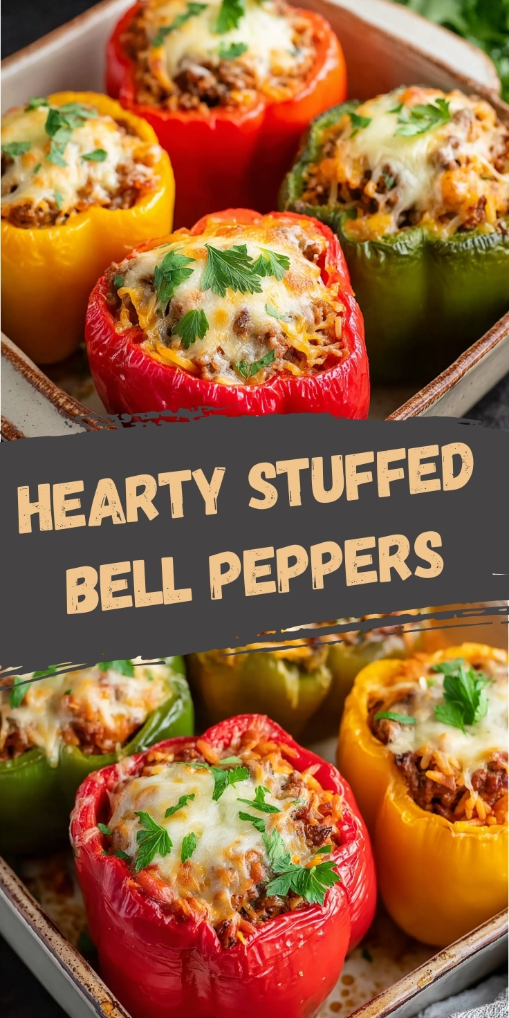 Stuffed bell peppers colorful red, yellow, and green peppers filled with ground beef and rice mixture, topped with melted cheese and fresh parsley in baking dish