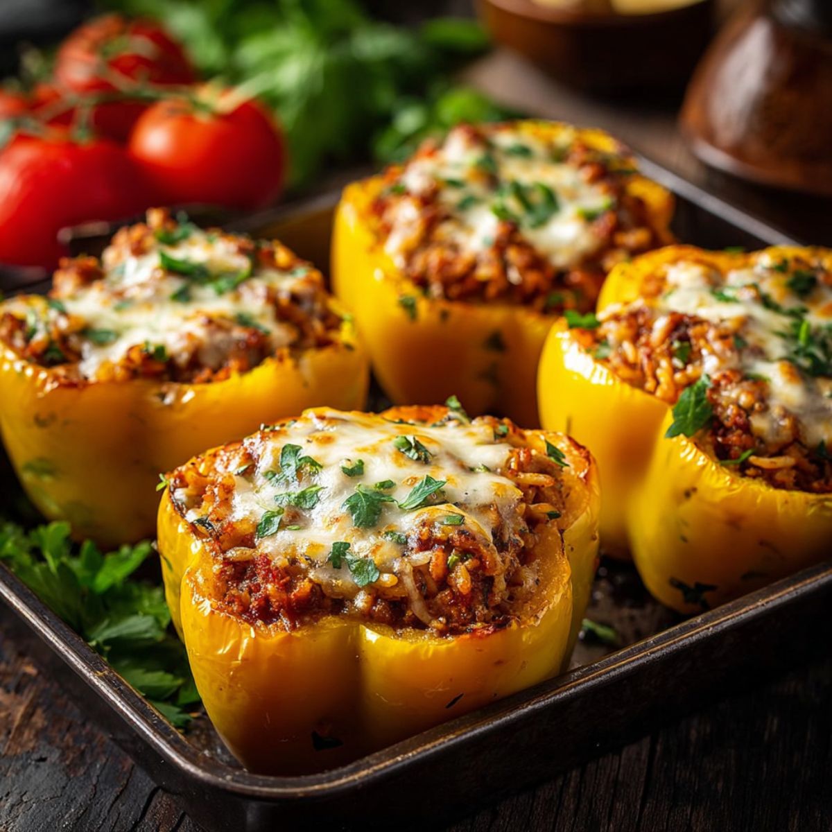 Stuffed bell peppers golden yellow peppers filled with ground beef, rice, and cheese mixture, baked until tender with melted cheese on top