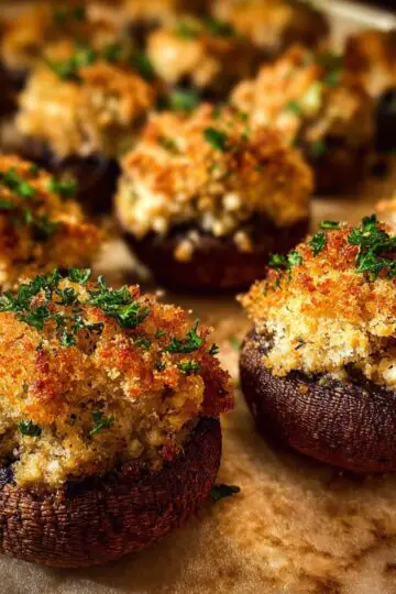 Stuffed mushrooms with golden crispy breadcrumb topping and fresh herbs on baking sheet showing perfectly browned texture and generous filling