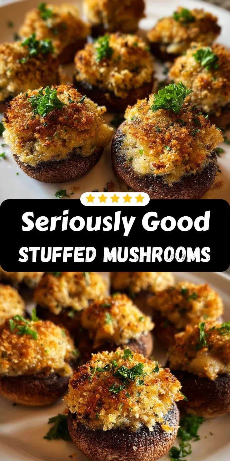 Stuffed mushrooms with golden breadcrumb topping and fresh parsley garnish arranged on baking sheet showing crispy texture and creamy filling