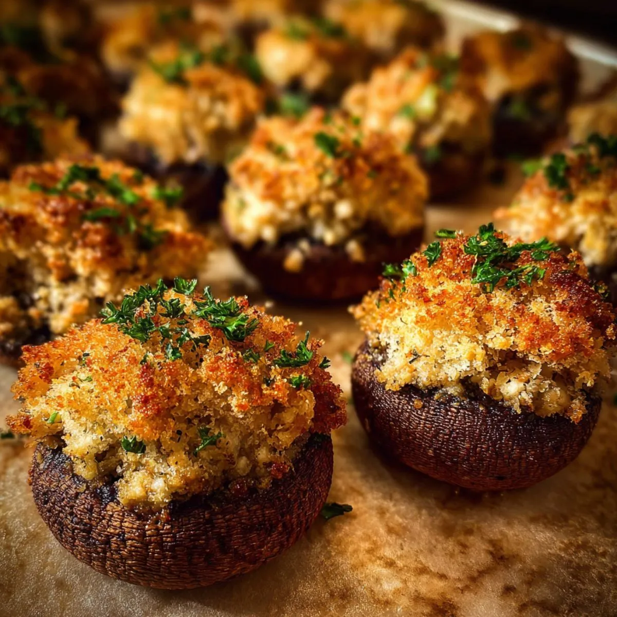 Stuffed mushrooms with golden crispy breadcrumb topping and fresh herbs on baking sheet showing perfectly browned texture and generous filling