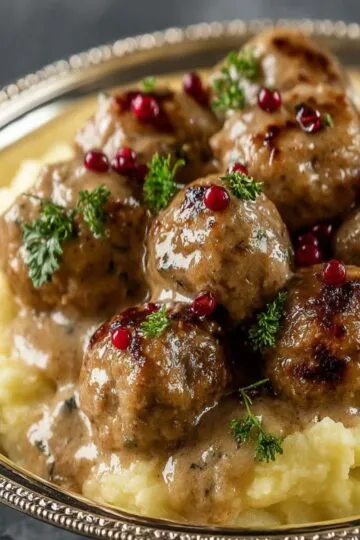 Swedish meatballs with rich cream sauce garnished with fresh cranberries and parsley served over mashed potatoes on elegant silver platter
