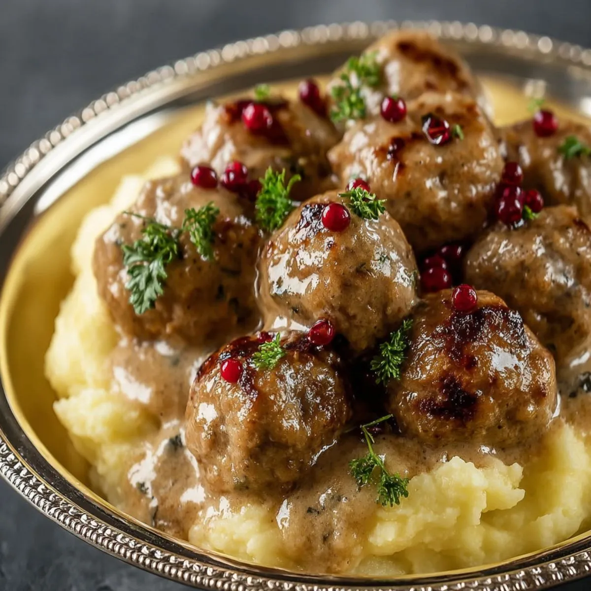 Swedish meatballs with rich cream sauce garnished with fresh cranberries and parsley served over mashed potatoes on elegant silver platter