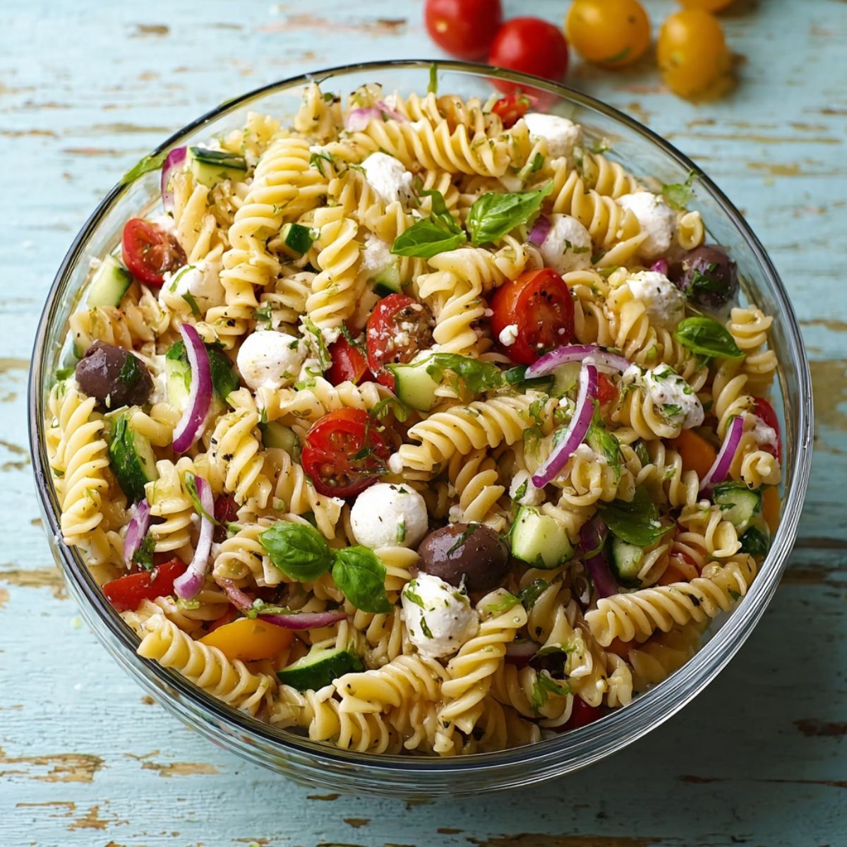 Zesty italian pasta salad overhead view showing fusilli pasta with cherry tomatoes fresh mozzarella black olives red onion and basil in glass bowl