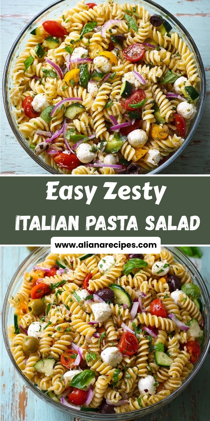 Zesty italian pasta salad in glass bowl with rotini pasta cherry tomatoes mozzarella balls black olives red onion and fresh basil