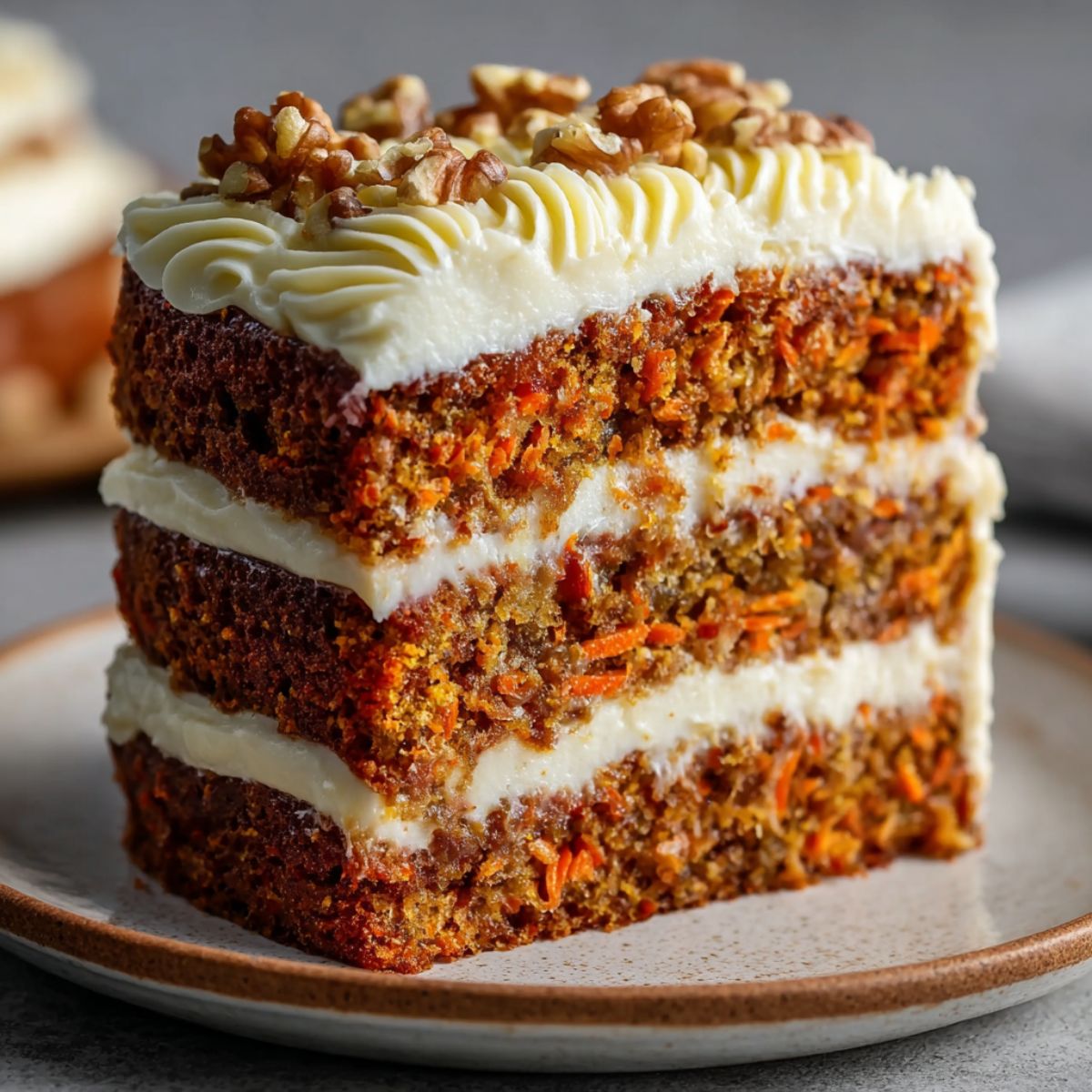 Carrot cake recipe easy layered dessert with cream cheese frosting, walnut topping, and visible carrot pieces in moist cake layers