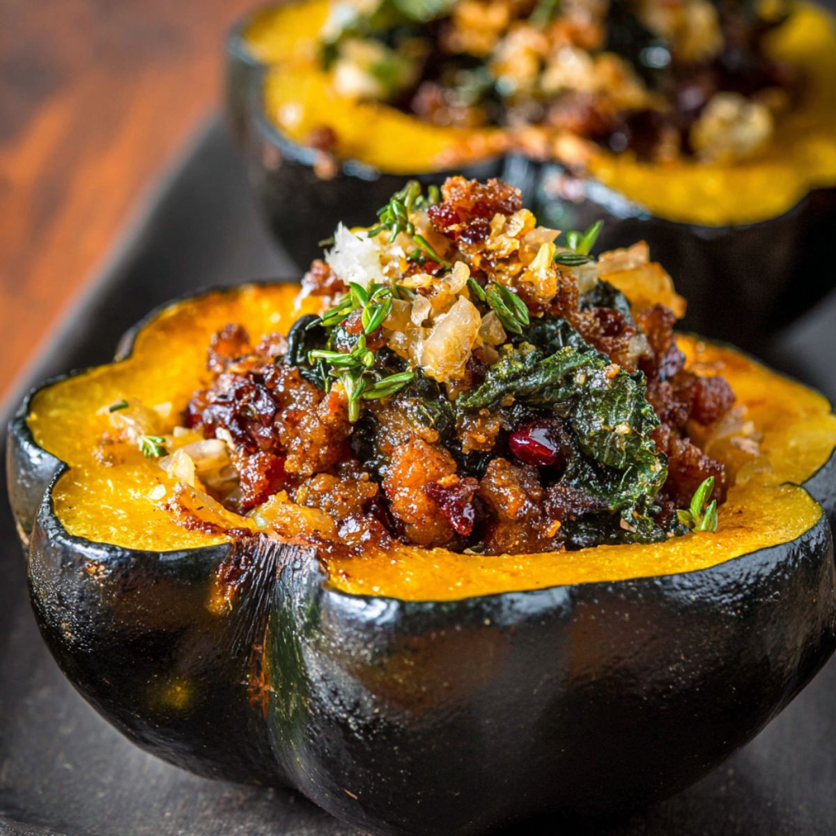 Acorn squash recipe stuffed with quinoa, kale, cranberries, and walnuts on wooden serving board