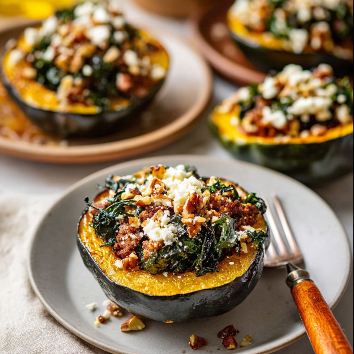 Acorn squash recipe with sausage, kale, and feta cheese on white plate with fork