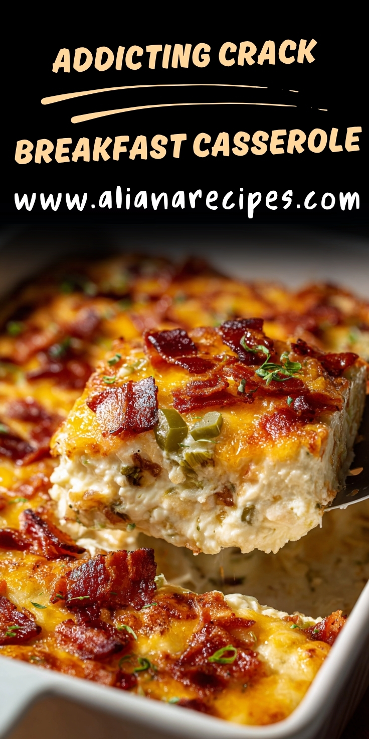Crack breakfast casserole slice lifted from dish showing fluffy egg layers, crispy bacon, melted cheddar cheese, hash brown base, and green onions with creamy ranch filling