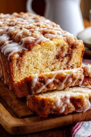 Apple fritter bread loaf with cinnamon swirl and sweet glaze on wooden board with coffee cup in background