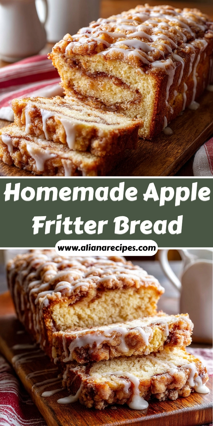 Apple fritter bread with cinnamon swirl and white glaze sliced on wooden cutting board with coffee mug